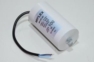 Miflex MKSP-5P I150V700K-D 100µF/500VAC 65x120mm motor run capacitor with M8 mounting and 250mm leads *new*