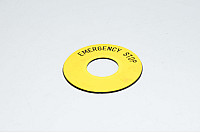 Legend plate, yellow, 60mm round, for 22mm switches / indicator lights "EMERGENCY STOP"