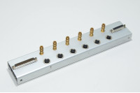 Aluminium connector panel with 1x 25pin female D-, 1x 37pin male D-, 6x 5pin 240° threaded DIN- and 6x Festo KD-M5 quick connector
