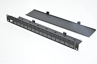 Teletekno 19" 1U räkkiasennettava kytkentäpaneeli jossa 16x 24x16mm reikää