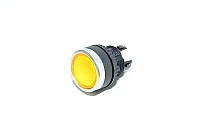 Baco 22mm diameter Auxibloc Plus series L21AH40 illuminated yellow flush momentary pushbutton with chrome bezel operator head IP65
