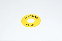 Legend plate, yellow, 43mm round, for 16mm switches / indicator lights "EMERGENCY STOP"