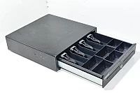 APG Cash Drawer VB030-6-BL1616-B5 musta solenoidiohjattu lukittava kassalaatikko shekkiaukolla, ei liitintä