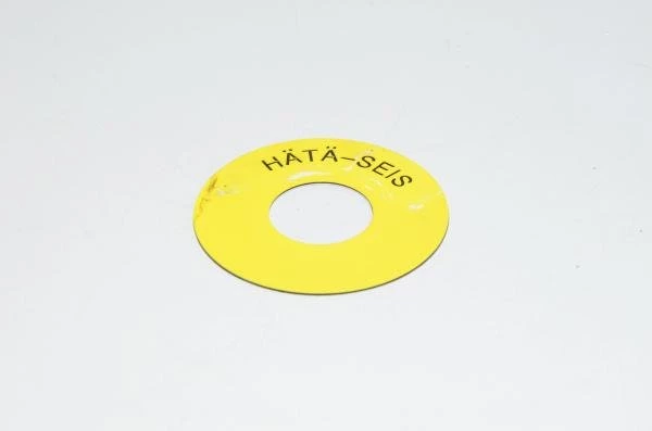 Legend plate, yellow, 60mm round, for 22mm switches / indicator lights "HÄTÄ-SEIS" 2