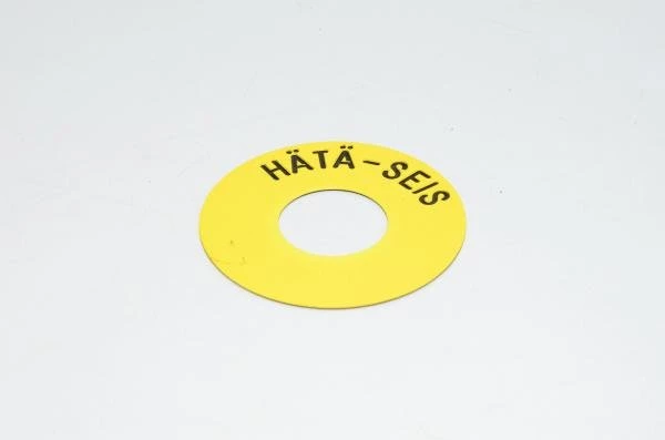 Merkkikilpi, keltainen, 60mm pyöreä, 22mm kytkimelle / merkkilampuille "HÄTÄ-SEIS" 1