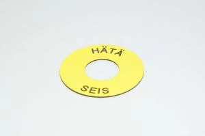 Merkkikilpi, keltainen, 60mm pyöreä, 22mm kytkimelle / merkkilampuille "HÄTÄ SEIS"