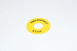 Merkkikilpi, keltainen, 43mm pyöreä, 16mm kytkimelle / merkkilampuille "EMERGENCY STOP"