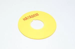 Merkkikilpi, keltainen, 65mm pyöreä, 22mm kytkimelle / merkkilampuille "HÄTÄSEIS"