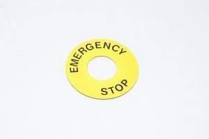 Legend plate, yellow, 60mm round, for 22mm switches / indicator lights "EMERGENCY STOP" 2