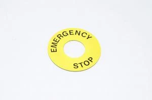 Merkkikilpi, keltainen, 60mm pyöreä, 22mm kytkimelle / merkkilampuille "EMERGENCY STOP" 2