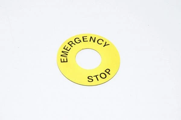 Legend plate, yellow, 60mm round, for 22mm switches / indicator lights "EMERGENCY STOP" 2