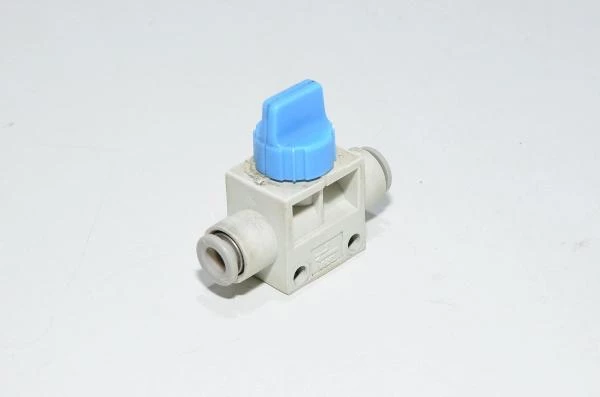 SMC VHK3-06F-06F inline type 3-port finger valve with 6mm quick connections and blue cap