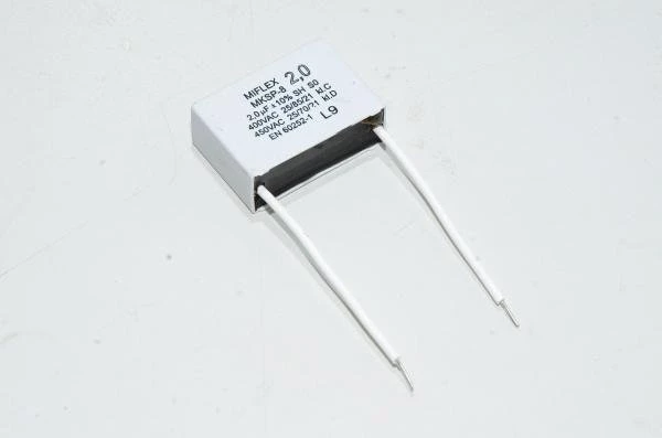Miflex MKSP-8 I250V520K-C 2µF/450VAC 42x16x29mm moottorin käyntikondensaattori 65mm johdoilla *uusi*