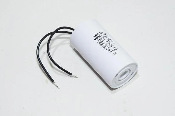 Miflex MKSP-5P I150V614K-G1 14µF/500VAC 35x65mm motor run capacitor with 100mm leads *new*