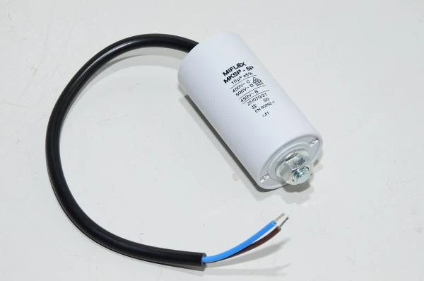 Miflex MKSP-5P I15KV610K-D 10µF/500VAC 35x65mm motor run capacitor with M8 mounting and 250mm leads *new*