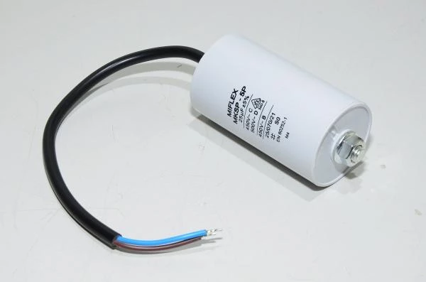 Miflex MKSP-5P I15KV625K-D 25µF/500VAC 45x78mm motor run capacitor with M8 mounting and 250mm leads *new*