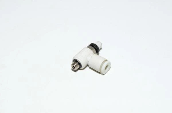 SMC AS1211F-M5-04 elbow type meter-in speed controller with M5x0.8 threaded port and 4mm quick connector for tube