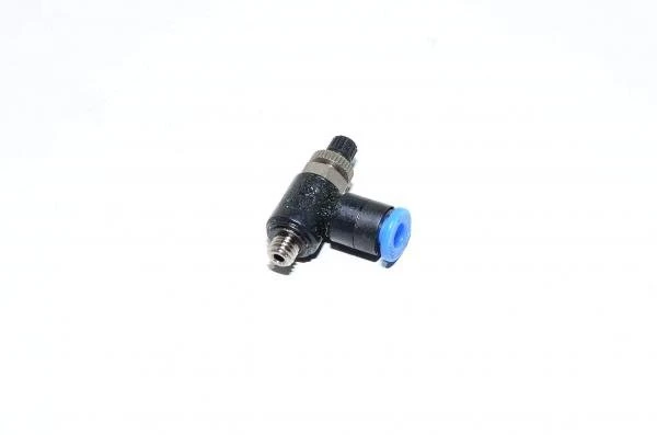 SMC AS1201F-M5-04 black elbow type meter-out speed controller with M5x0.8 threaded port and 4mm quick connector for tube