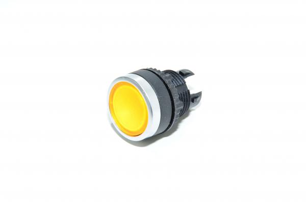 Baco 22mm diameter Auxibloc Plus series L21AH40 illuminated yellow flush momentary pushbutton with chrome bezel operator head IP65