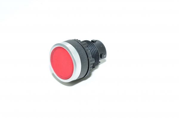 Baco 22mm diameter Auxibloc Plus series L21AH10 illuminated red flush momentary pushbutton with chrome bezel operator head IP65