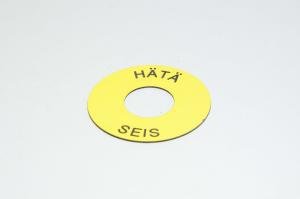 Merkkikilpi, keltainen, 60mm pyöreä, 22mm kytkimelle / merkkilampuille "HÄTÄ SEIS"