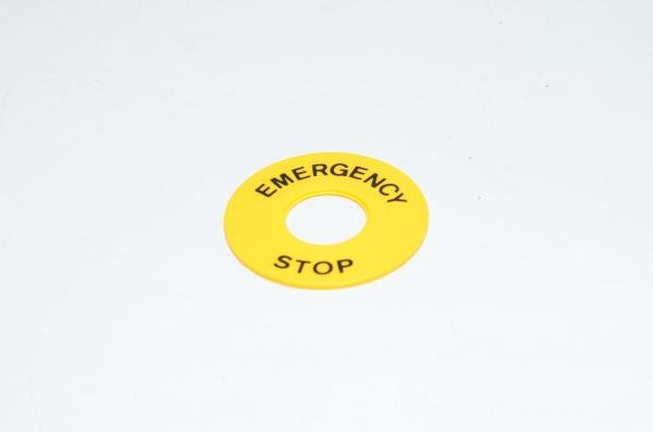 Merkkikilpi, keltainen, 43mm pyöreä, 16mm kytkimelle / merkkilampuille "EMERGENCY STOP"