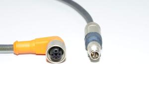 Anturikaapeli IFM E10901 jossa valettu muovinen kulmamallin A-koodattu suojaamaton 4-pin naaras M12 + Harting Harax M8-S 21 01 130 4061 3pin uros M8 anturiliittimet