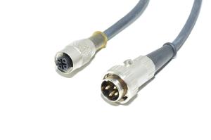 Sensor cable Baumer ES 34AP5 with molded plastic straight A-coded shielded 4-pin female M12 sensor connector + Lumberg 0132 04 4-pin metal male DIN connector