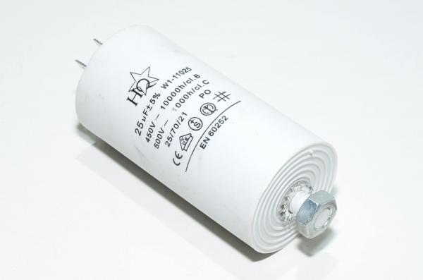 HQ W1-11025 25µF/500VAC 42x96mm moottorin käyntikondensaattori M8 kiinnityksellä, lattaliittimet