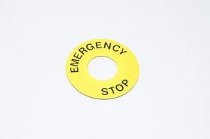 Merkkikilpi, keltainen, 60mm pyöreä, 22mm kytkimelle / merkkilampuille "EMERGENCY STOP" 2