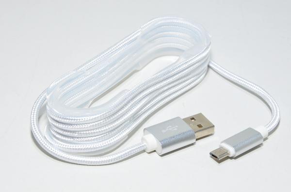 1,5m hopeanvalkoinen USB kaapeli nylon punoksella ja metallikuorisilla USB tyypin A uros - USB micro uros liittimillä *uusi*