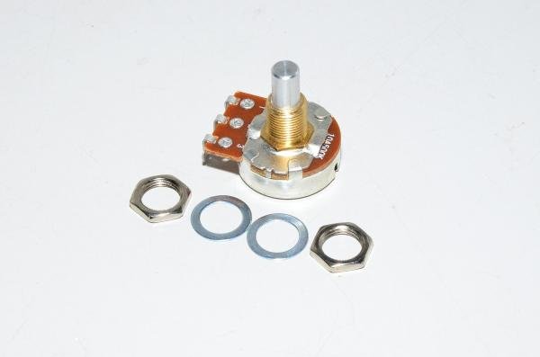 500kOhm logaritminen +/-20%, 19mm pitkä 6,35mm sileä akseli, juotoskorvakkeet, 3/8"-32UNF kierre Bourns PDB241-GTR02-504A2 kitaran potentiometri *uusi*