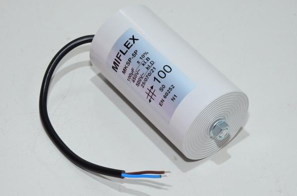 Miflex MKSP-5P I150V700K-D 100µF/500VAC 65x120mm moottorin käyntikondensaattori M8 kiinnityksellä ja 250mm johdoilla *uusi*