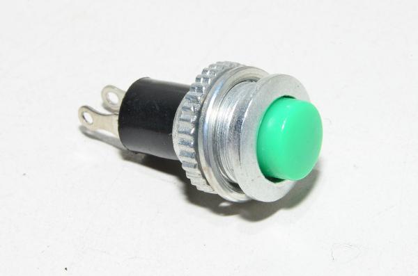 Ei lukkiutuva painonappi NO kärjillä 1A 250VAC vihreä, muovi/metallirunko, M10x0,75mm kierre *uusi*