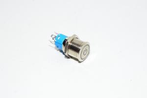 16mm metallinen kytkin, tasapäinen, On/Off (SPDT), 220V vihreä LED, virtasymboli, M16x1, 3A, 250VAC, IP65 *uusi*