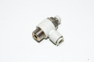 SMC AS3201F-03-08 kulmamallin vastusvastaventtiili poistoilmakuristuksella jossa liitin R3/8 kierteellä ja 8mm pikaliitin letkulle
