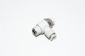 SMC AS2201F-02-06 kulmamallin vastusvastaventtiili poistoilmakuristuksella jossa liitin R1/4 kierteellä ja 6mm pikaliitin letkulle