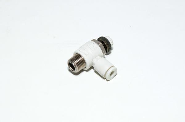 SMC AS2211F-01-04 kulmamallin vastusvastaventtiili tuloilman kuristuksella jossa liitin R1/8 kierteellä ja 4mm pikaliitin letkulle