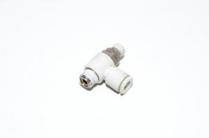 SMC AS2201F-01-06 kulmamallin vastusvastaventtiili poistoilmakuristuksella jossa liitin R1/8 kierteellä ja 6mm pikaliitin letkulle