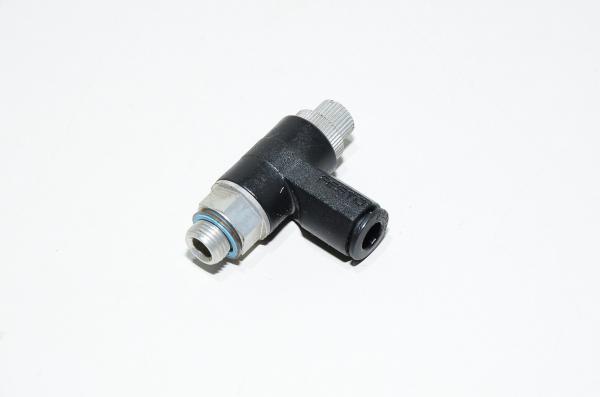 Festo GRLA-1/8-QS-6-RS-B 162965 kulmamallin vastusvastaventtiili poistoilmakuristuksella jossa liitin G1/8 kierteellä ja 6mm pikaliitin letkulle